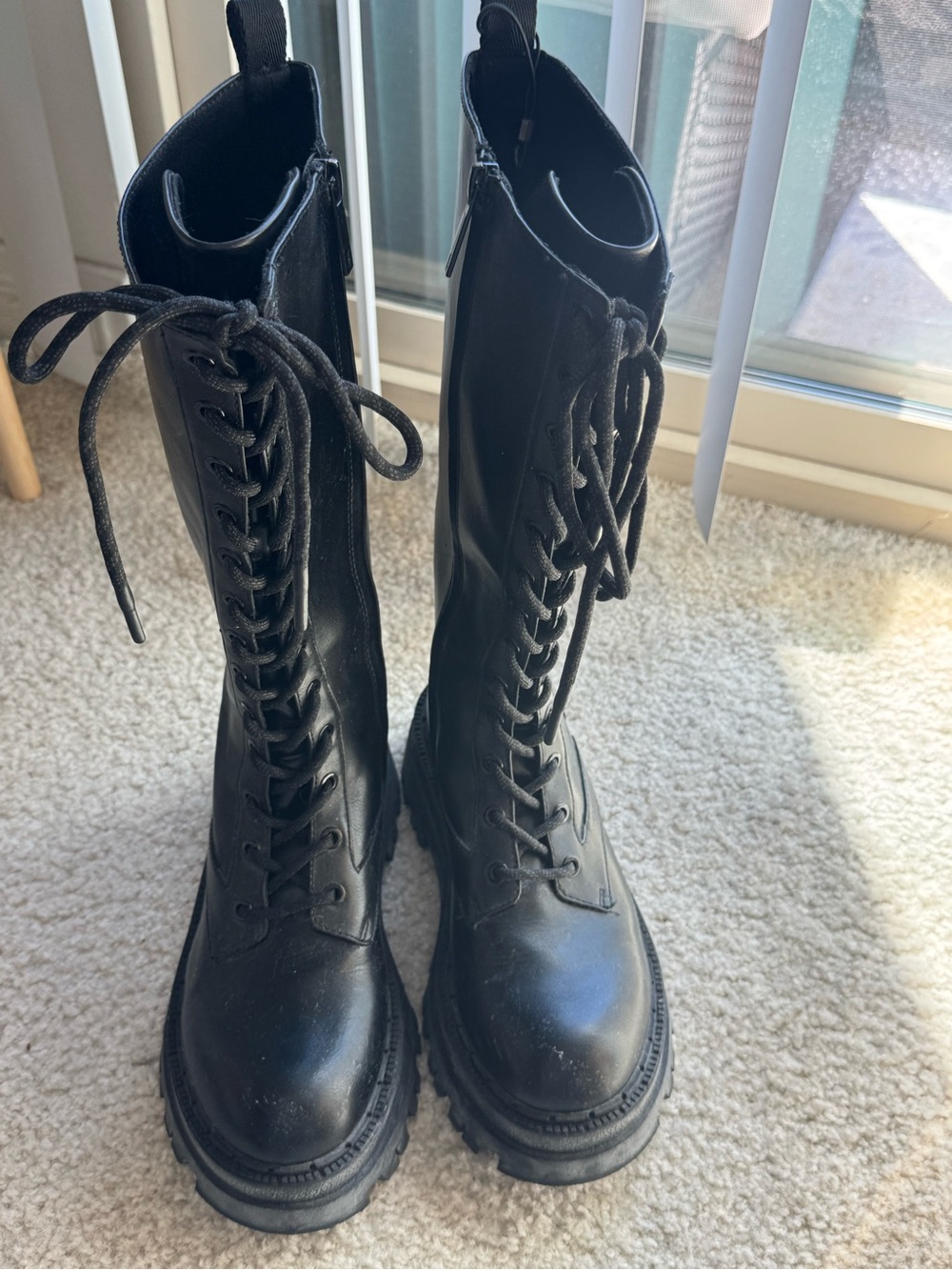 ZARA Black Tall Lace-Up Biker Boots – Chunky Platform Sole